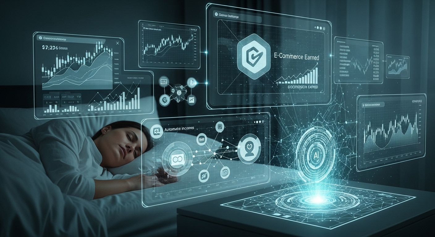 2025년 AI 자동화 시스템으로 잠든 사이 쿠팡파트너스 수익을 창출하는 모습, 미래 지향적인 기술과 편안함이 공존하는 이미지.