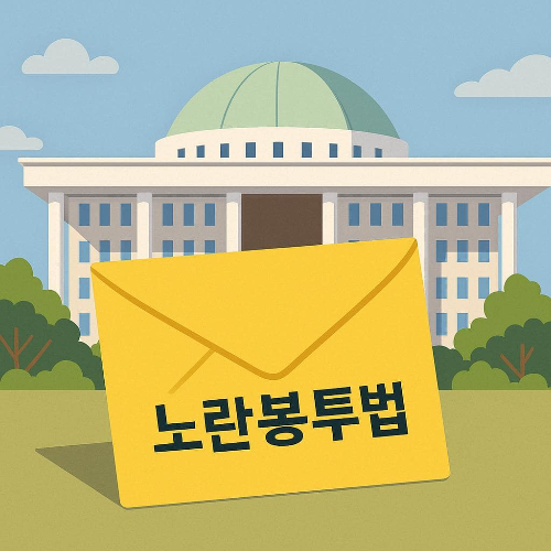 대한민국 국회 앞 노란 봉투 일러스트: '노란봉투법 통과'를 상징하며 노동 3권과 노동 환경 개선을 표현한 이미지
