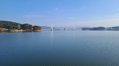 제방둑길엣 본 출렁다리 사진