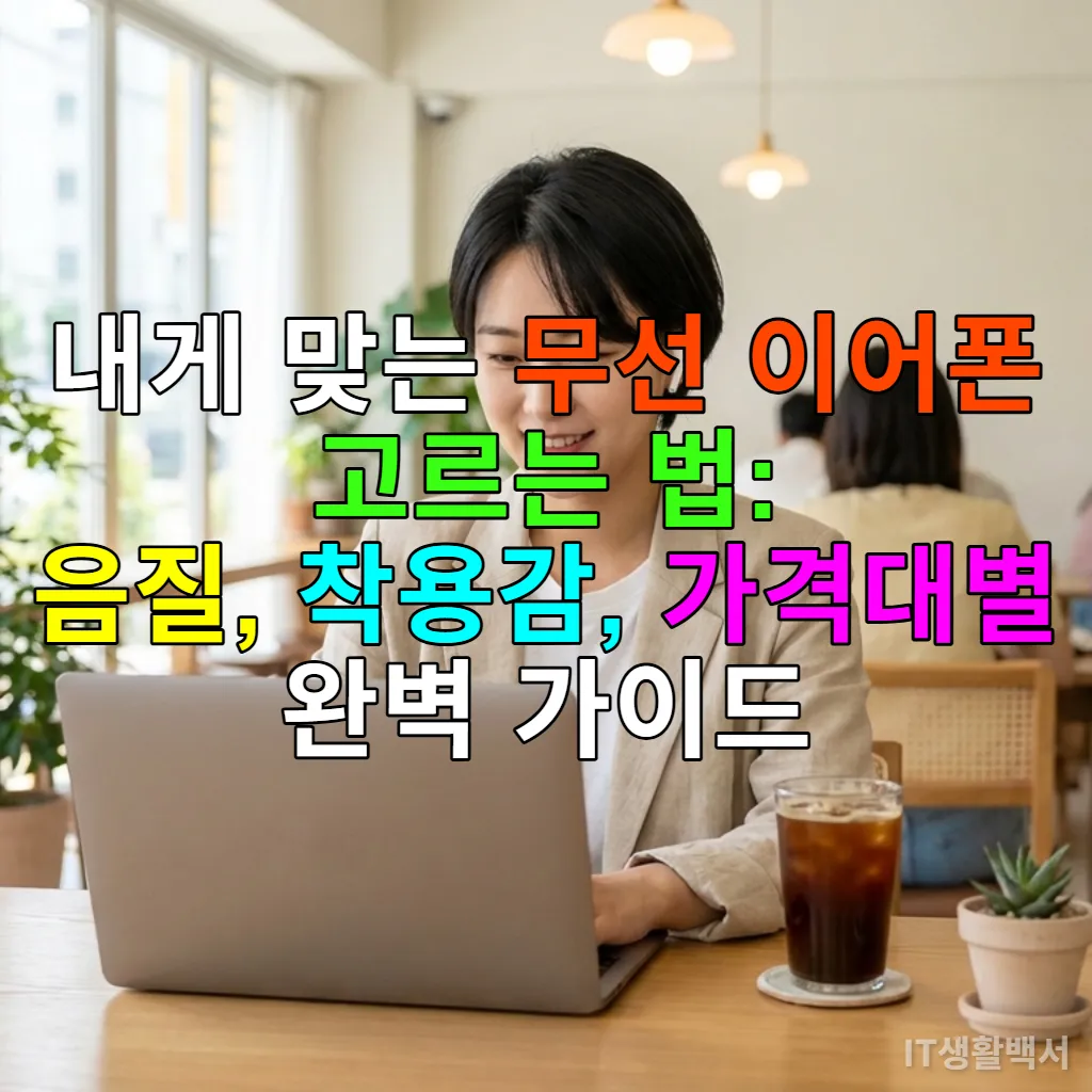 모던한 서울 카페에서 무선 이어폰을 착용하고 노트북을 사용하는 젊은 한국 여성