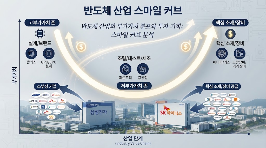 반도체 주식 하면 삼성전자&middot;SK하이닉스만 떠올리지만, 실제 부가가치는 양 끝단인 설계와 핵심 소재&middot;장비 쪽에 높게 분포하는 '스마일 커브' 법칙이 존재합니다. 진입장벽이 높고 대체재가 없는 핵심 소부장(소재&middot;부품&middot;장비) 기업에 주목해야 하는 이유와 투자 시 고려해야 할 리스크를 분석합니다.