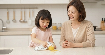 아이가 쏟은 쥬스를 정리하는 모습