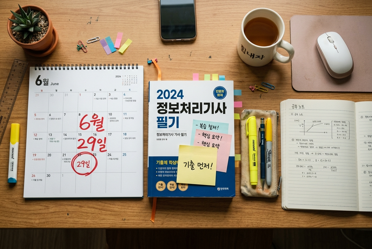 한 달 자격증 공부 계획이 적힌 캘린더와 교재가 놓인 책상