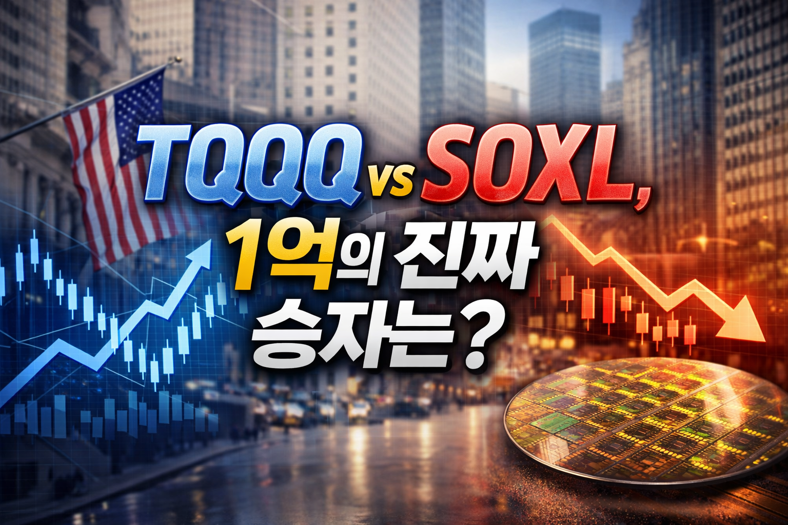 TQQQ vs SOXL 수익률 비교 썸네일, 나스닥100과 반도체 지수 3배 레버리지 ETF 1억 투자 결과 분석 이미지