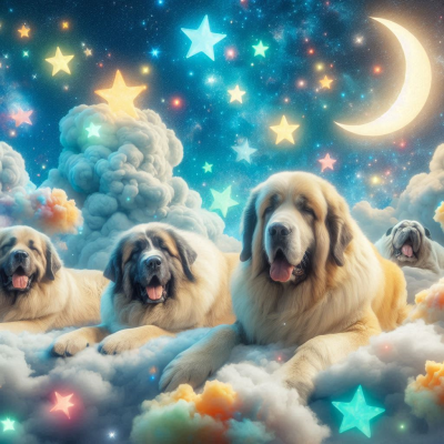 "별들과 함께 평화롭게 잠든 강아지들이 구름 속에 누워있는 장면입니다."