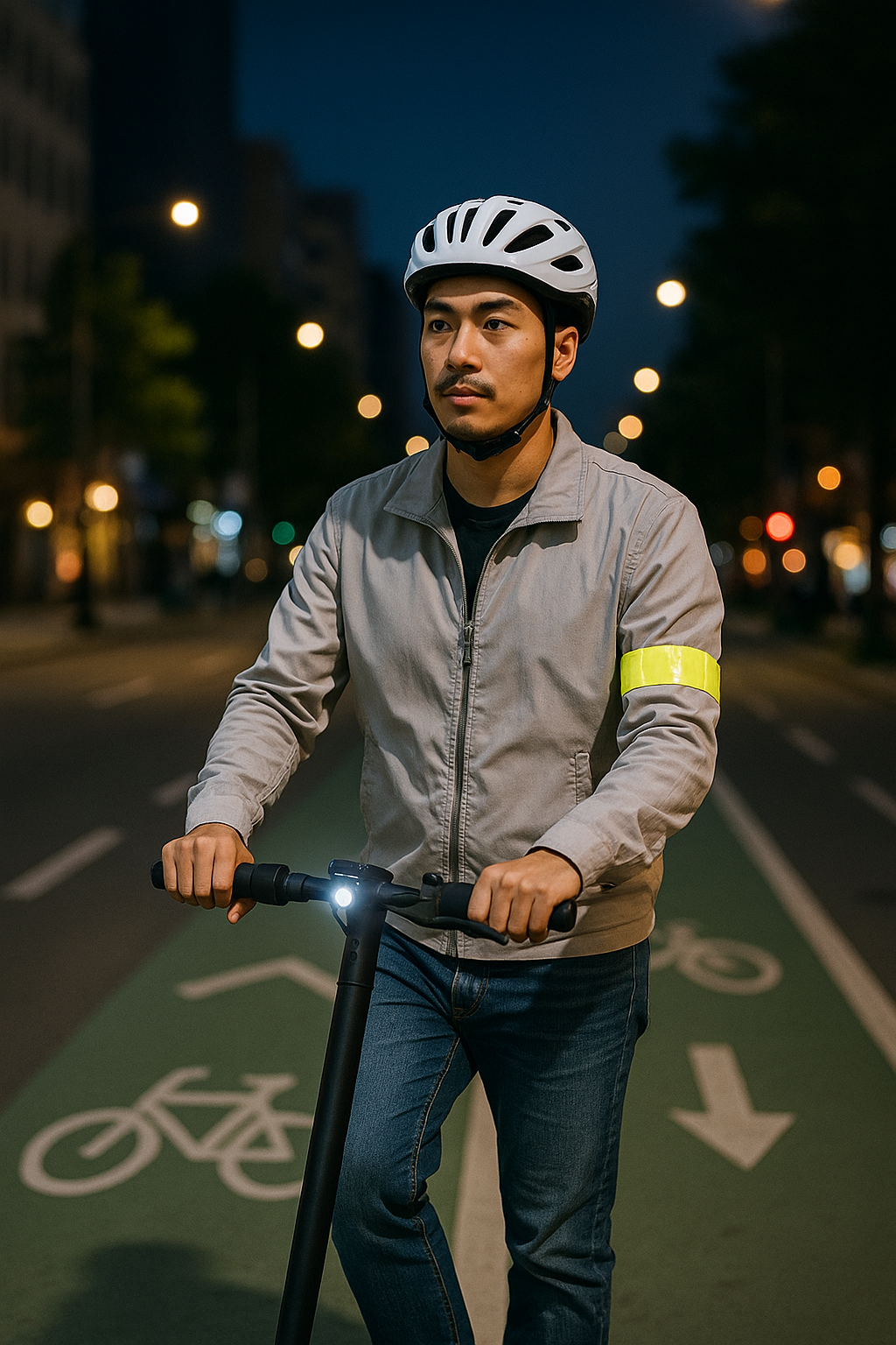 헬멧을 착용한 성인이 자전거도로에서 공유 전동킥보드를 안전하게 주행하는 모습