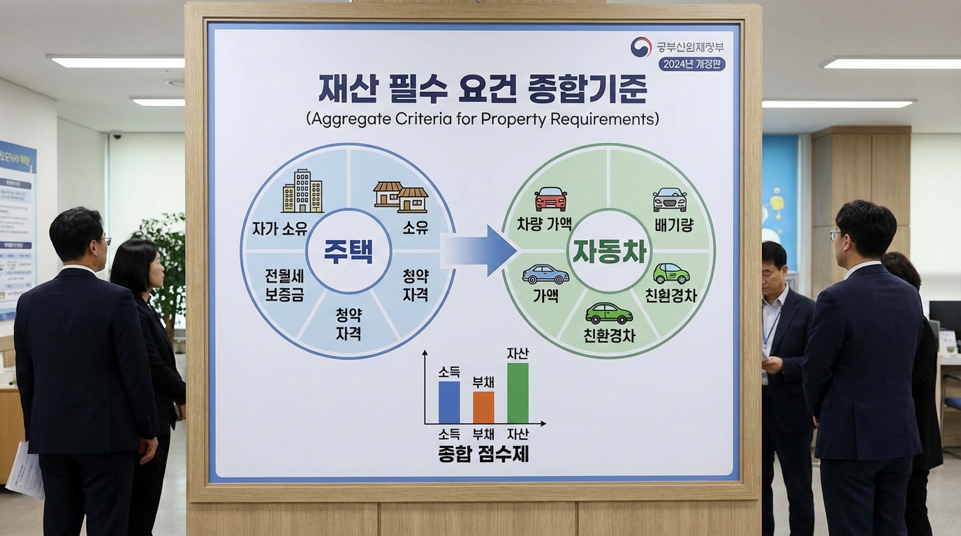 주택, 자동차 등 재산 요건 합산 기준을 시각화한 이미지