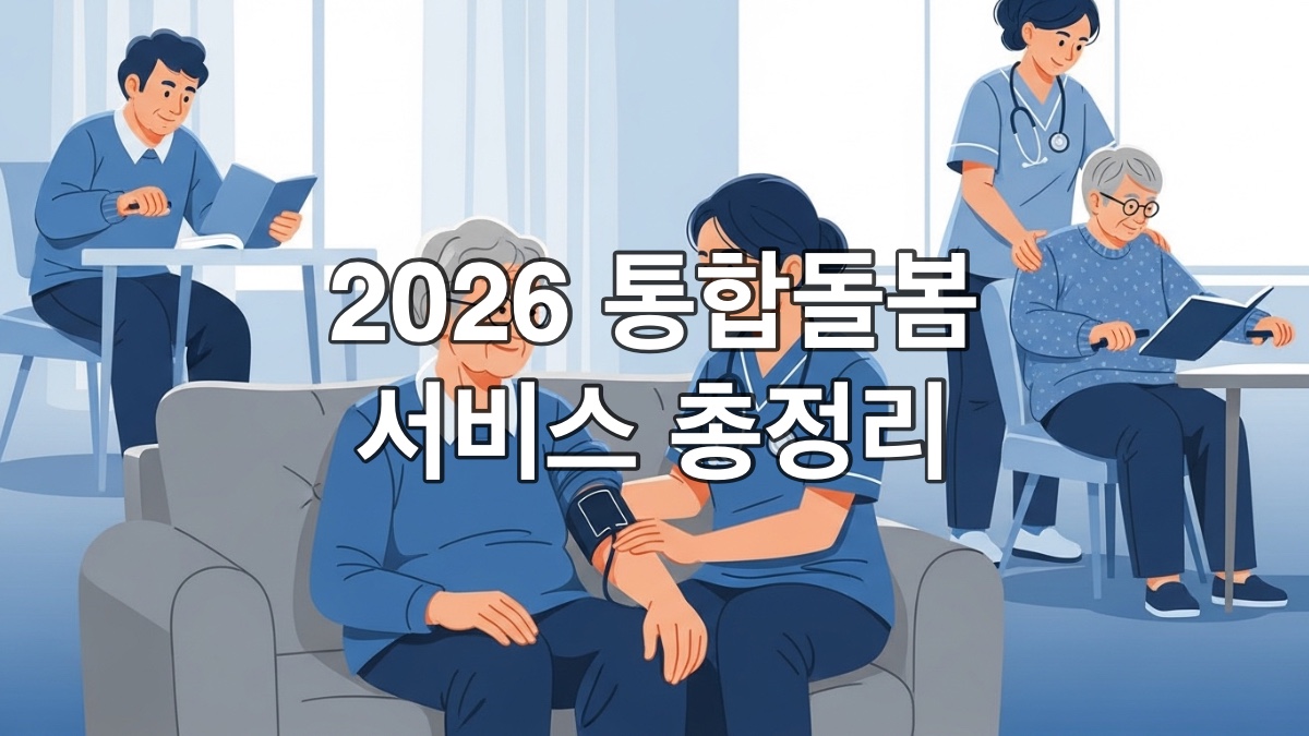 가정에서 간호사에게 돌봄을 받는 노인과 활동 보조를 받는 장애인이 함께 있는 따뜻한 통합돌봄 서비스 장면.