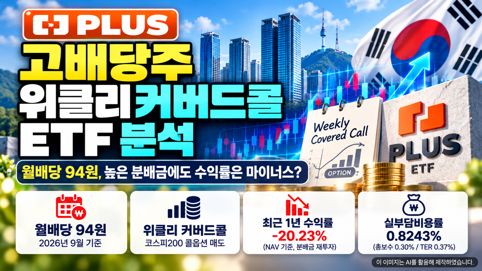 PLUS 고배당주위클리커버드콜 ETF 분석, 월분배금 94원, 코스피200 위클리 콜옵션 매도 전략, 최근 1년 수익률 -20.23% 및 실부담비용률 0.8243% 비교