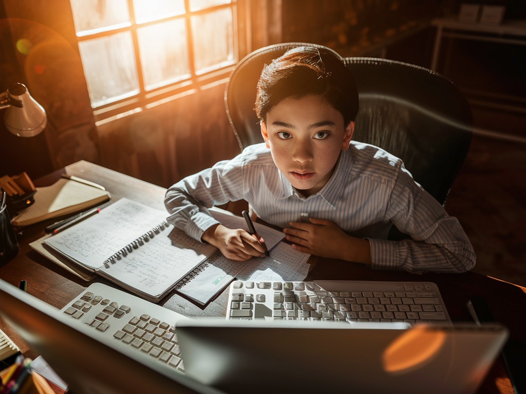 열정적으로 공부하고 있는 젊은 전문가의 모습. 창문에서 들어오는 햇살이 비추며, 긍정적이고 동기부여가 되는 분위기를 연출하는 장면