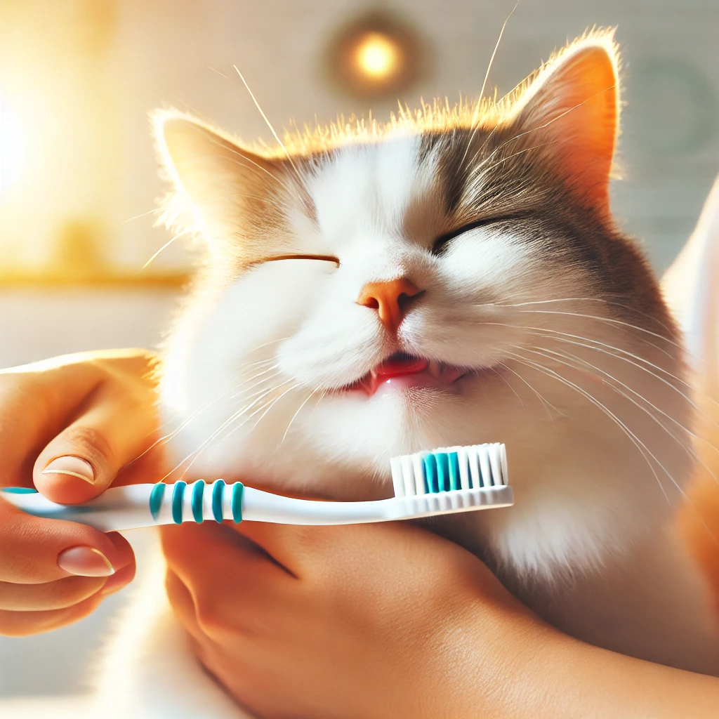 고양이가 차분하게 칫솔질을 받는 장면