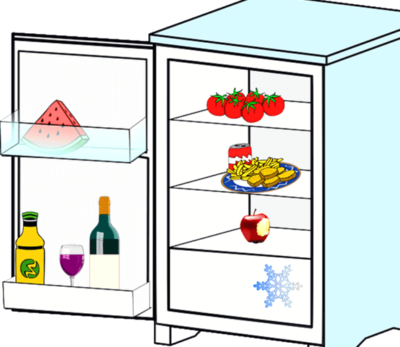 하늘색 냉장고가 열려있고 안에는 수박 조각, 토마토들, 한입 먹은 사과, 와인과 감자튀김이 들어 있는 그림이다.