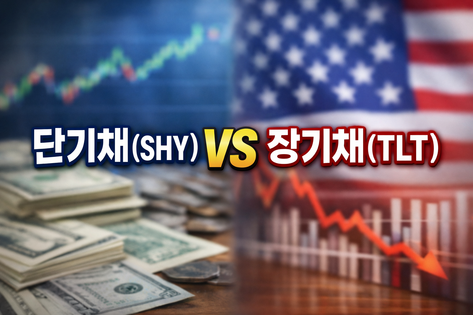 단기채 SHY와 장기채 TLT를 비교하는 메인 썸네일 이미지, 아웃포커스된 채권 시장 배경 위 중앙에 큰 글씨로 &lsquo;단기채(SHY) vs 장기채(TLT)&rsquo; 텍스트 배치