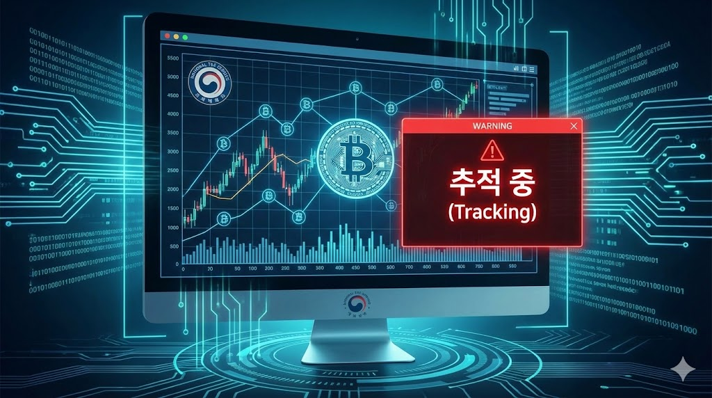 국세청이 고액 체납자의 가상자산(암호화폐)을 추적하고 압류하는 디지털 이미지