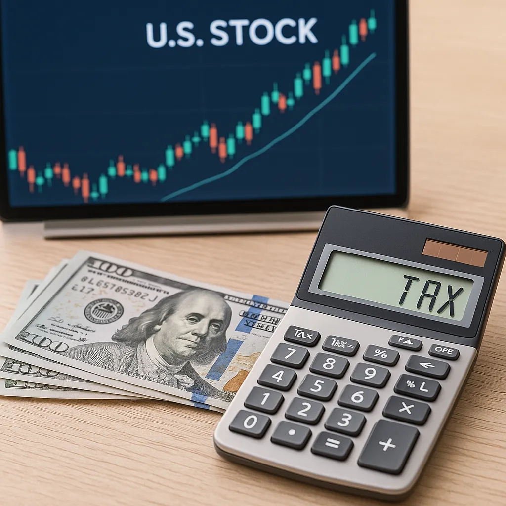 미국 주식 그래프와 세금 계산기&amp;#44; 달러 지폐가 함께 놓인 책상 위 모습