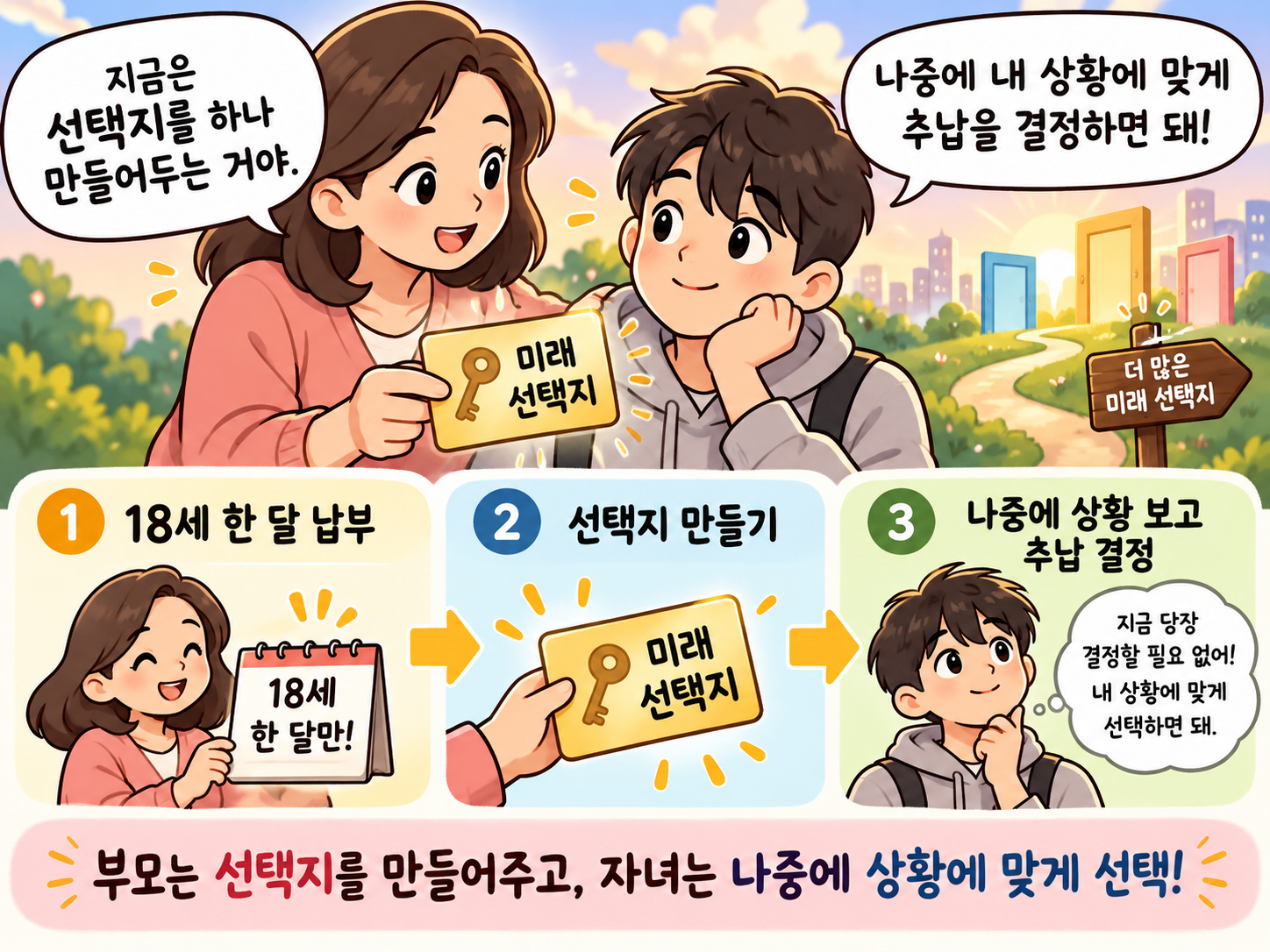 부모는 아이에게 미래의 선택지를 하나 제공해주는 방법, 자녀는 추후 본인의 상황에 맞게 추납을 결정하면 된다는 최종 마무리 이미지