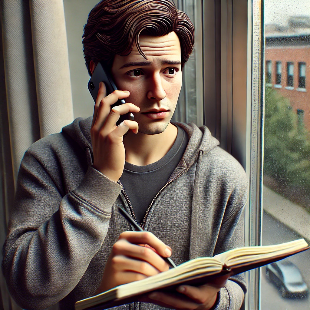 창가에서 전화를 하며 약속을 사과하는 사람