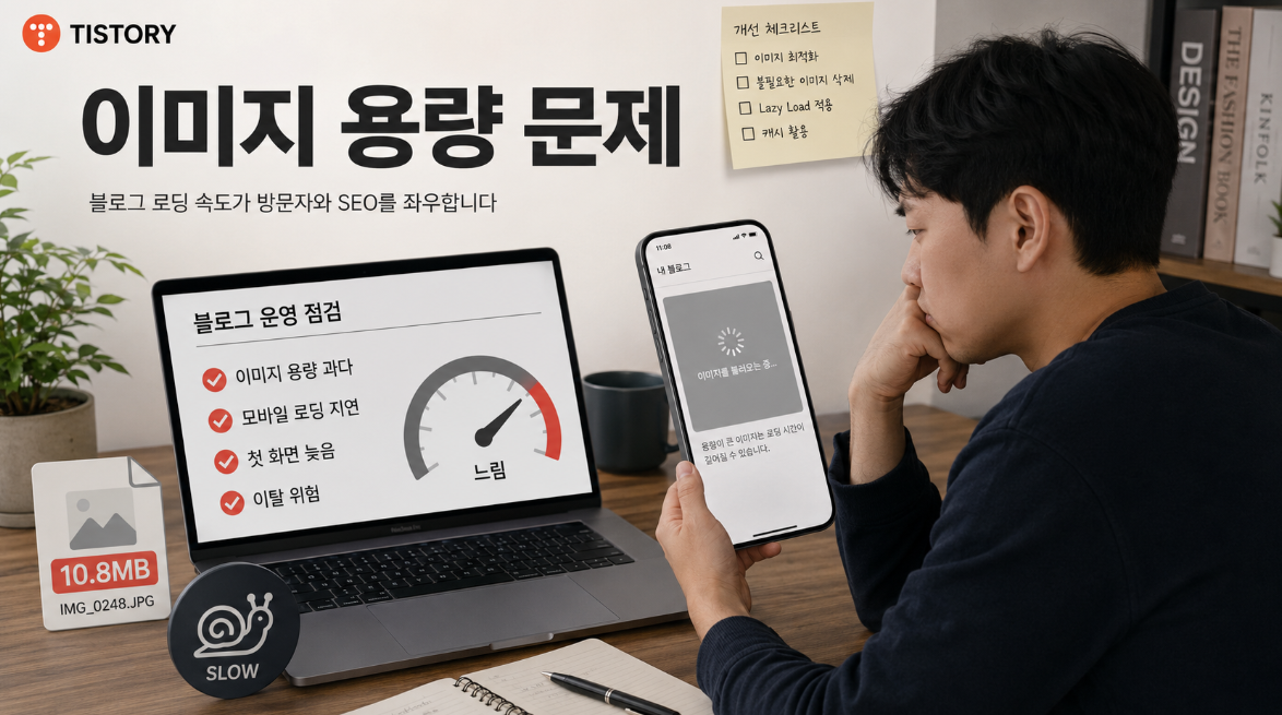 티스토리 블로그에서 이미지 용량 과다로 모바일 로딩 속도가 느려지는 문제 상황 이미지