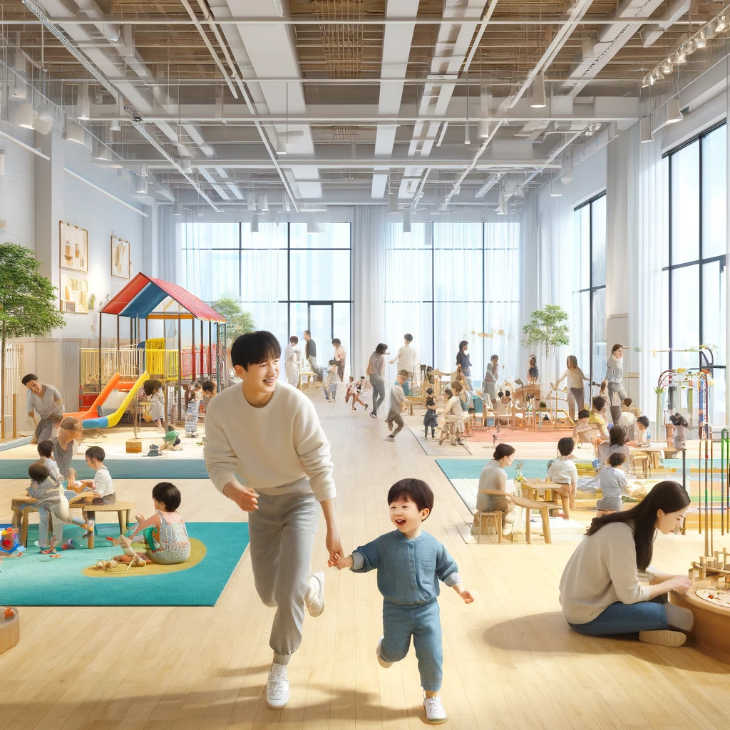 밝고 쾌적한 실내 공간에서 아이들이 뛰노는 모습, 부모와 아이가 함께 체험하는 장면