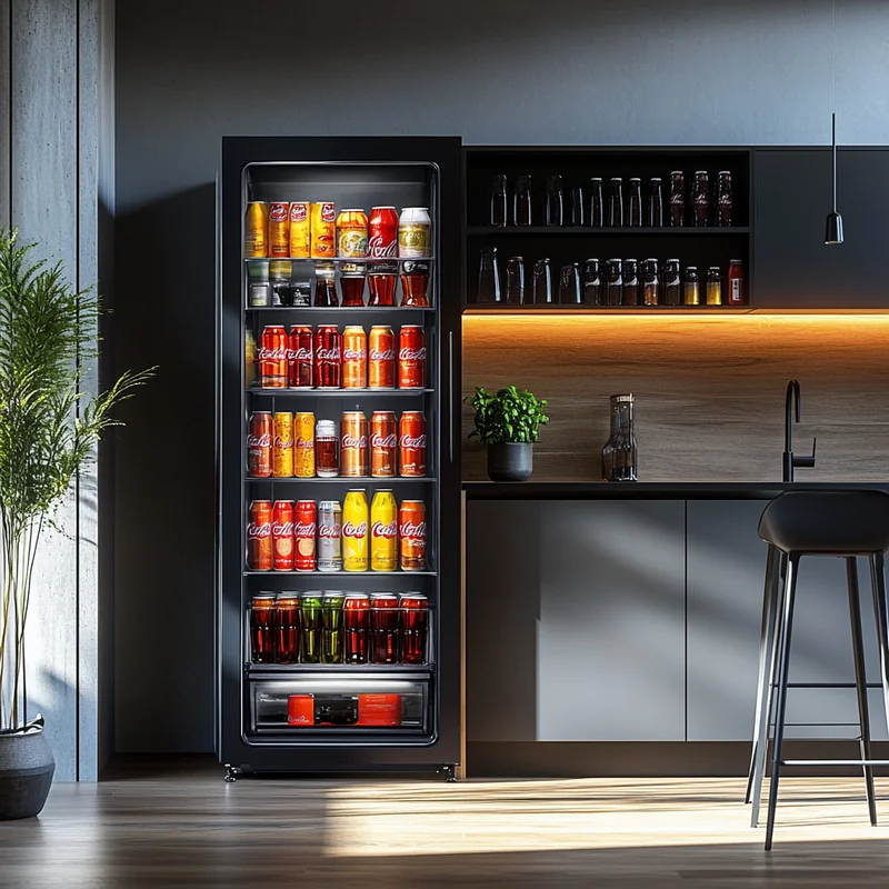 2025년 콜라 순위 TOP10 브랜드 콜라가 현대적인 주방 냉장고에 고급스럽게 진열되어 있다. 인기 콜라, 신제품, 추천 콜라, 프리미엄 콜라, 트렌디한 라이프스타일 등의 키워드와 함께 선택의 다양함과 청량함을 강조한다.