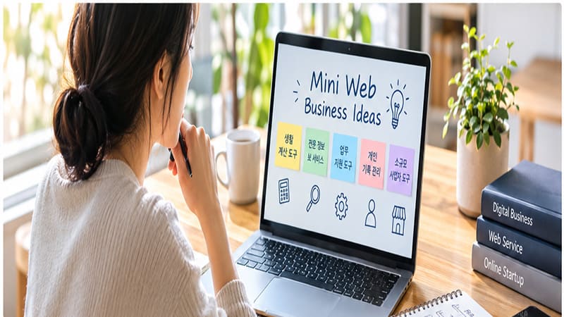 <img src=&rdquo;mini-web-business-ideas.jpg&rdquo; alt=&rdquo;노트북으로 작은 웹서비스의 사업 아이디어를 구상하는 사람과 디지털 창업 작업 공간&rdquo;>