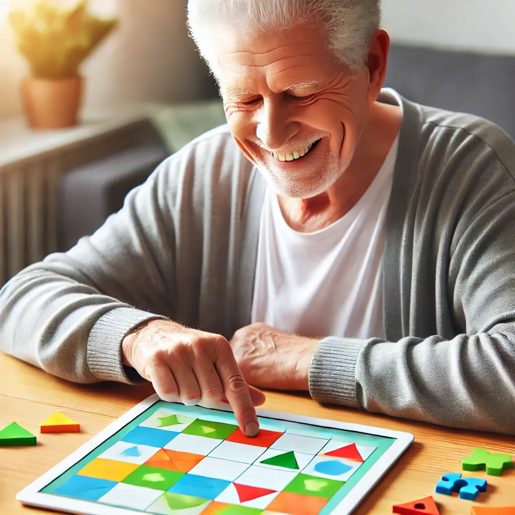 치매 예방을 위한 게임에 참여하는 노인&amp;#44; 밝고 다채로운 퍼즐을 풀며 인지 기능을 자극하는 활동 중.