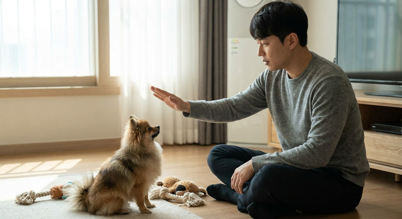강아지에게 앉아 훈련을 하는 사람