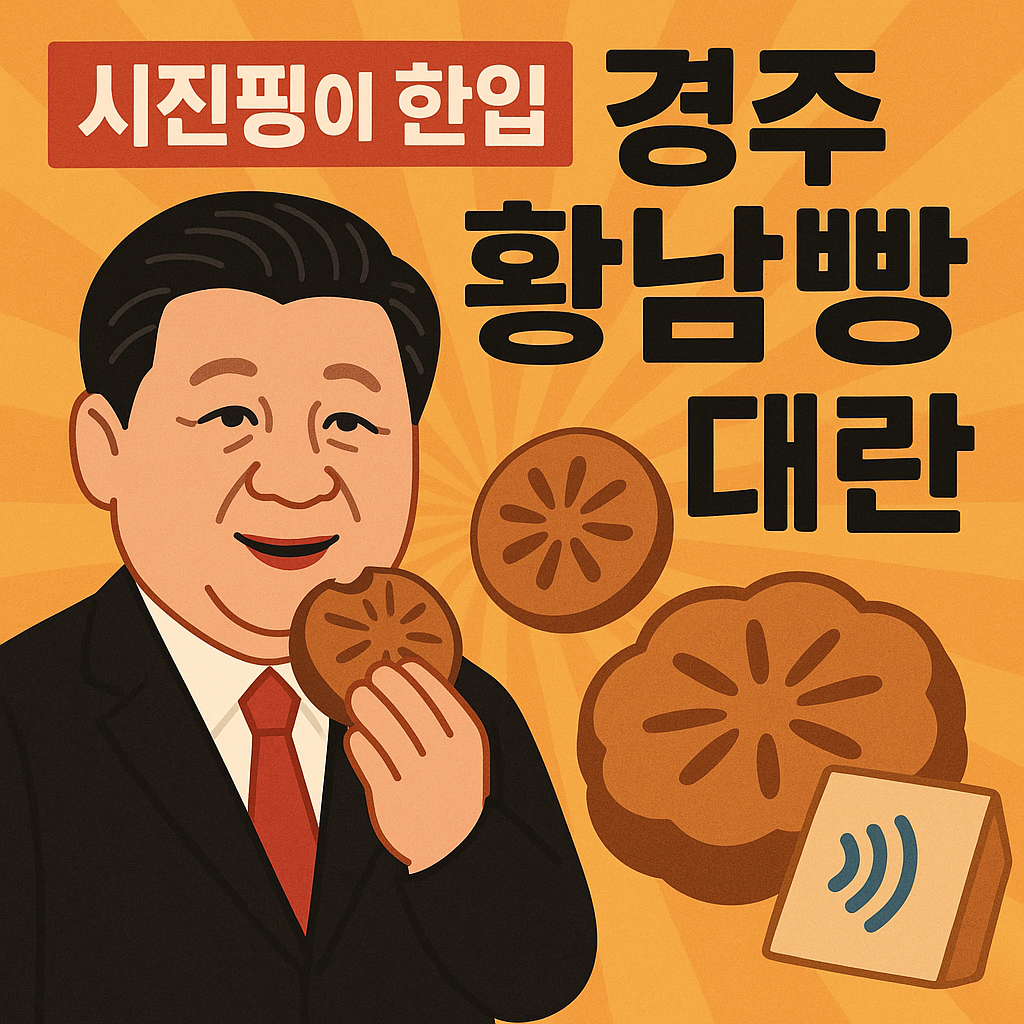 "시진핑이 황남빵을 먹고 화제가 되며 경주 황남빵 판매가 폭증하는 상황을 표현한 일러스트 썸네일"