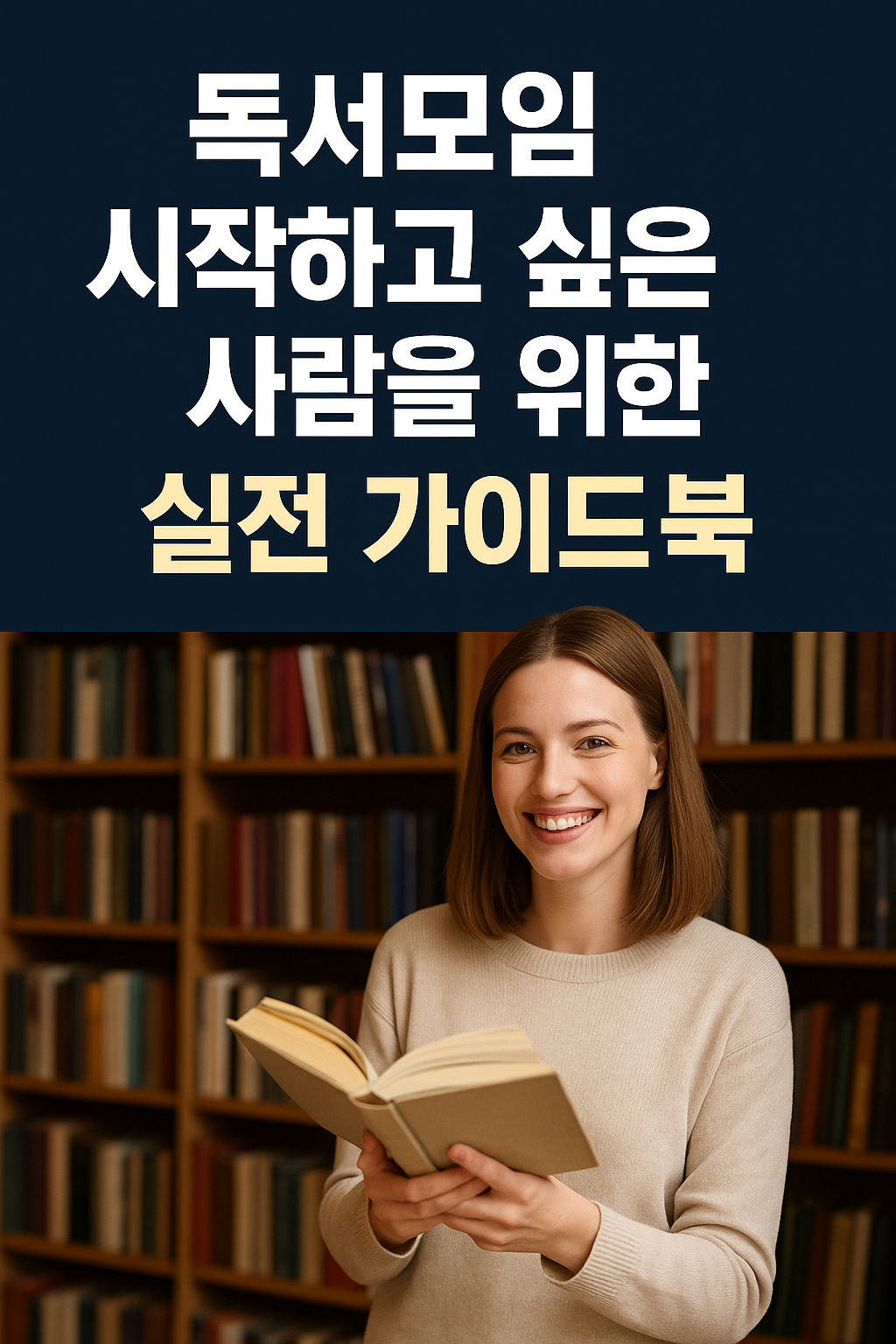 도서관에서 책을 들고 미소 짓는 여성과 함께 '독서모임 시작하고 싶은 사람을 위한 실전 가이드북' 문구가 있는 썸네일