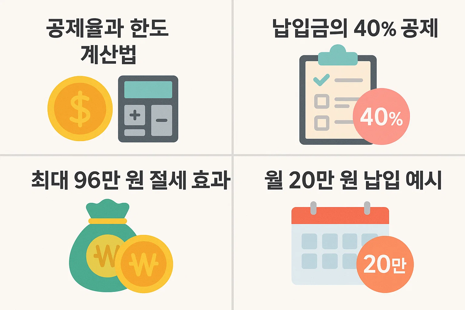 청년주택드림 청약통장 납입금의 40% 공제, 월 20만 원 납입 예시, 최대 96만 원 절세 효과를 도표로 정리한 인포그래픽