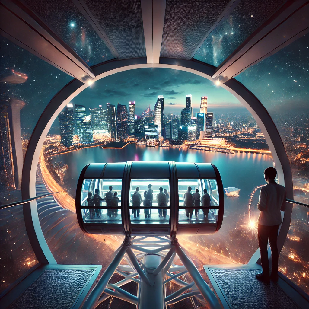 싱가포르 플라이어가 반짝이는 도시 야경과 어우러지는 모습, 캡슐 내부에서 마리나 베이 샌즈를 바라보는 시점