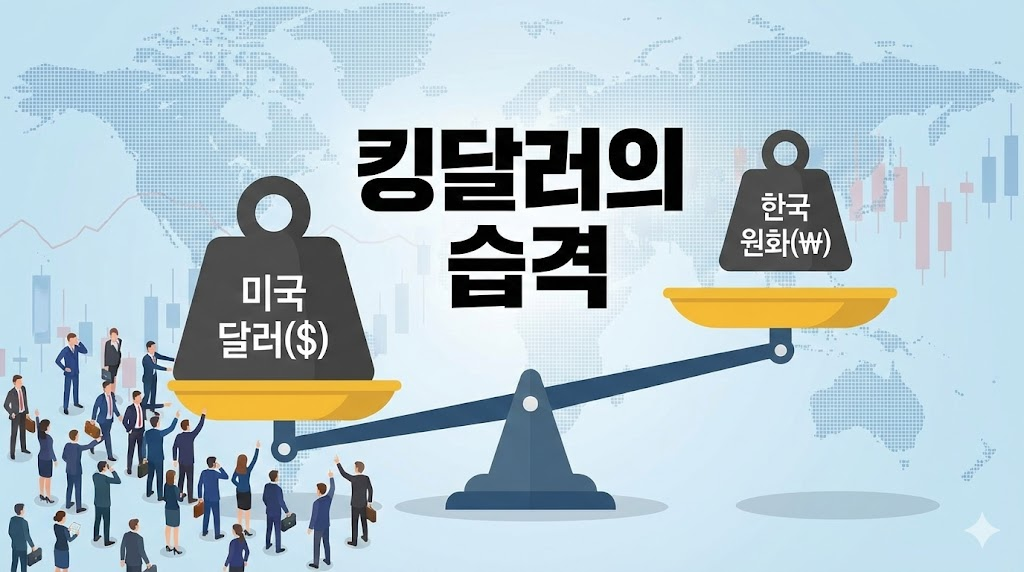 달러 강세와 원화 약세를 표현한 저울 인포그래픽