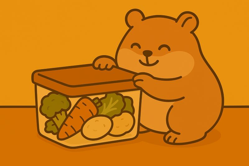 "귀여운 햄스터 캐릭터가 밀폐 용기 뚜껑을 열심히 닫으며 식재료를 보관하고 있는 모습."