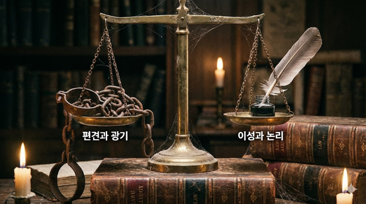 먼지 쌓인 낡은 법전 위에 놓인 저울. 한쪽 접시에는 무거운 쇠사슬(편견과 광기)이, 다른 쪽에는 가벼운 깃털 펜(이성과 논리)이 놓여 있지만, 팽팽하게 수평을 이루고 있는 긴장감 넘치는 이미지.