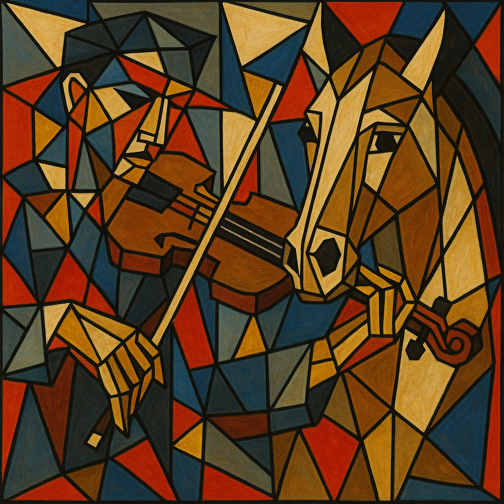 기하학적 분해된 바이올린 연주자와 말, 피카소 큐비즘, 강렬한 윤곽선