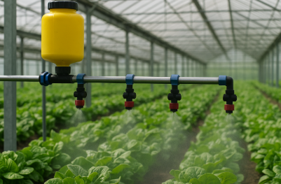 온실에서 작물 위로 자동으로 농약을 분사하는 시스템 모습