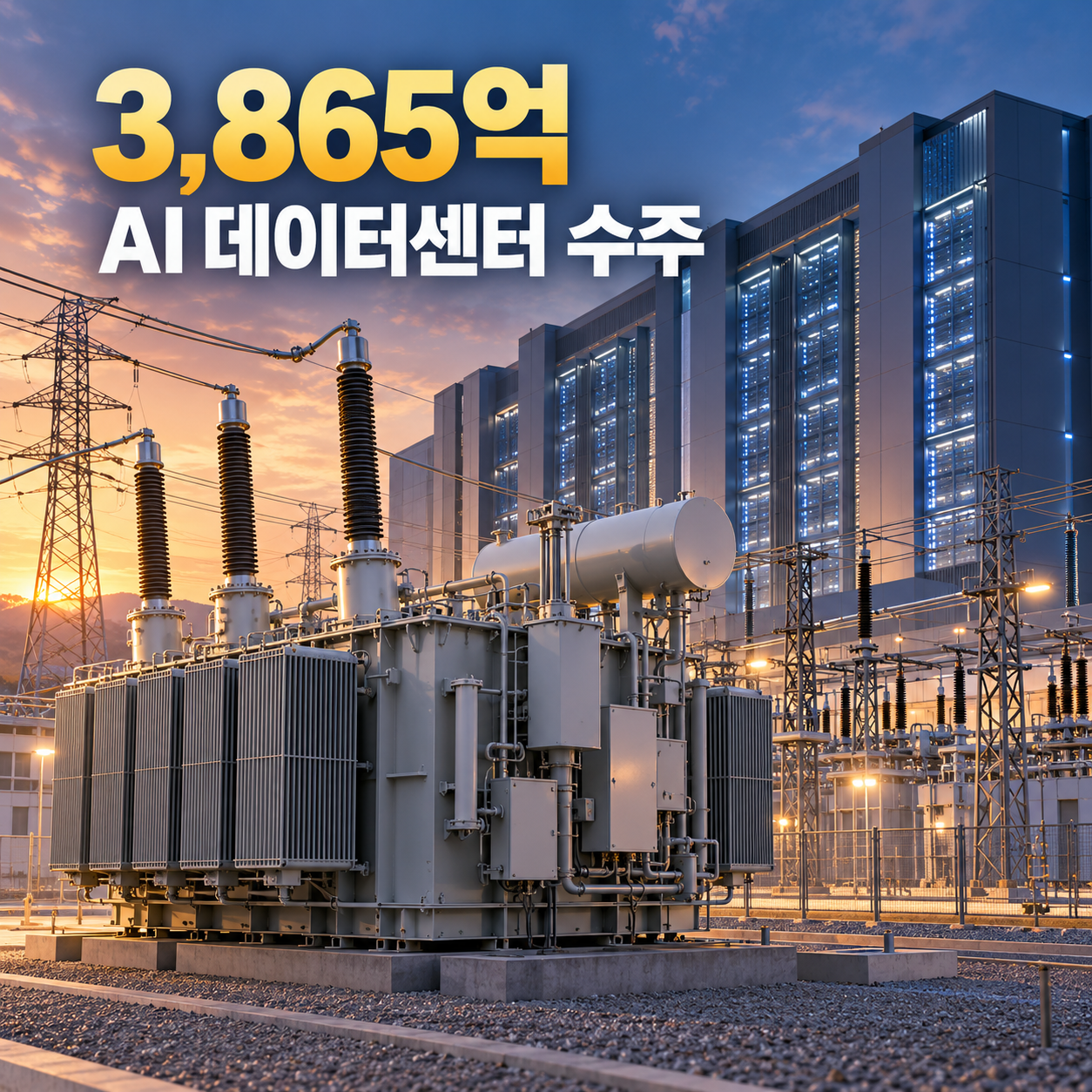 AI 데이터센터 앞에 설치된 대형 초고압변압기를 표현한 산업 이미지