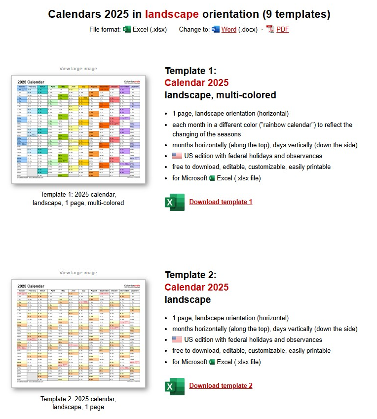 2025년 영문 엑셀 달력
