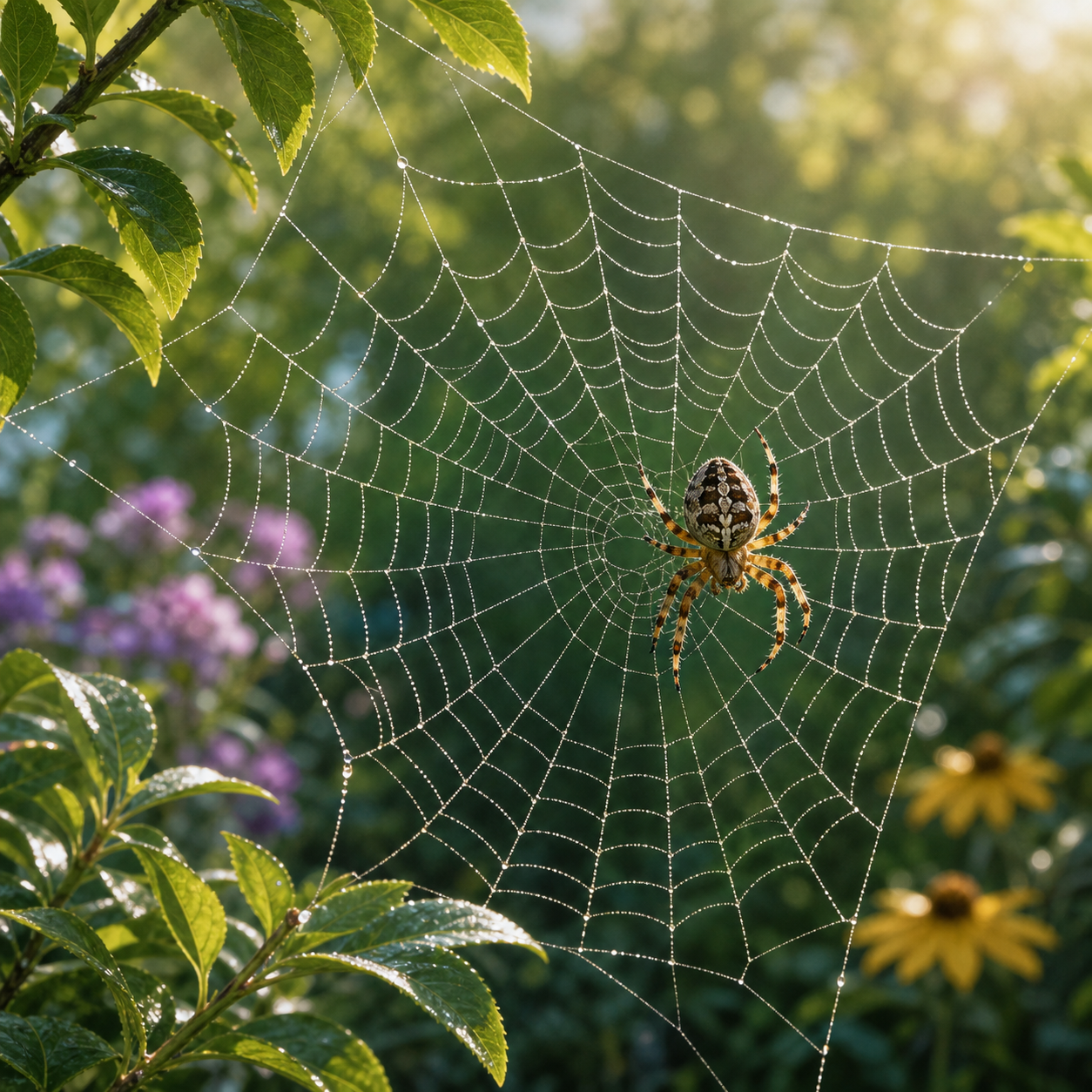 A calm spider sitting on a neat web in a garden