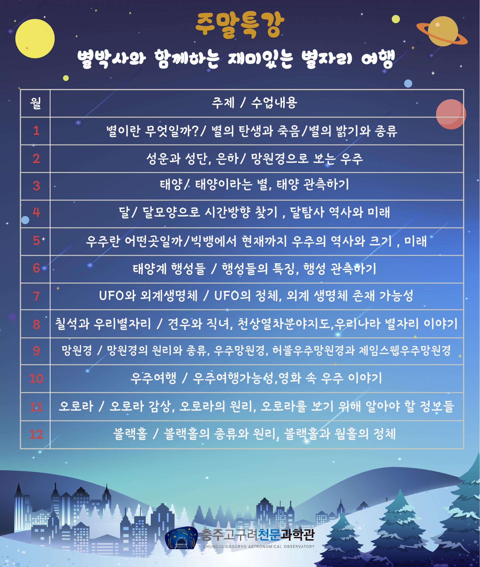 충주고구려천문과학관 특별프로그램안내 - 주말특강안내