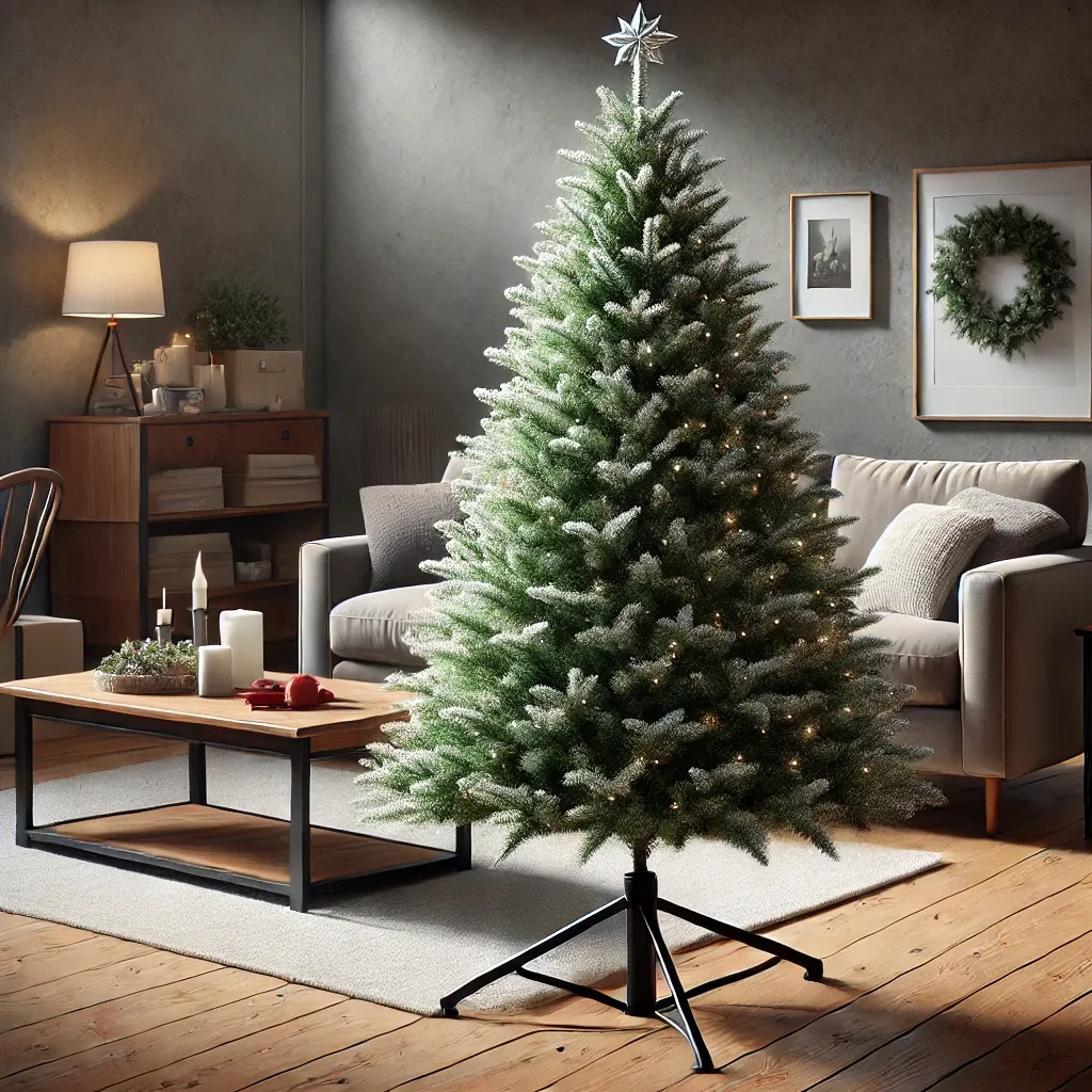 광장 행사에 사용된 자외선 차단 장식과 견고한 받침대가 있는 PE 인조 크리스마스 트리