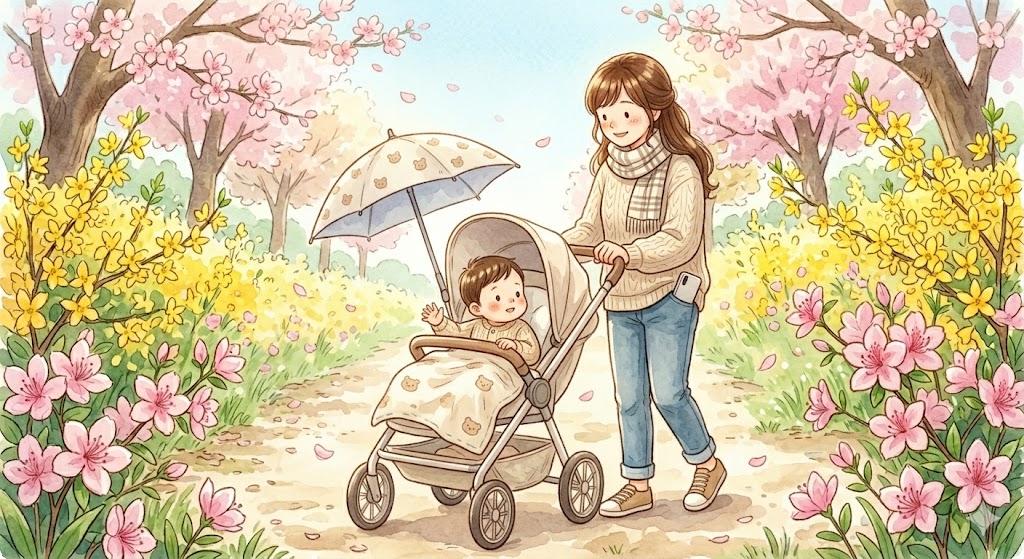A mother pushing a stroller with a parasol attached along a spring flower path, with a light blanket covering the baby to protect against UV rays and temperature changes.