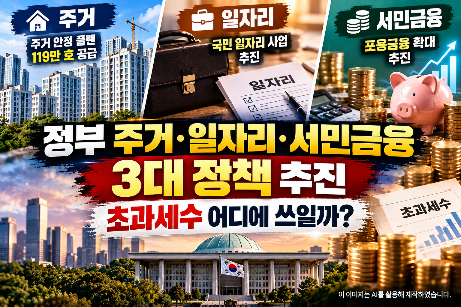 정부 주거&middot;일자리&middot;서민금융 3대 핵심 사회정책과 초과세수 활용 방안을 나타낸 이미지