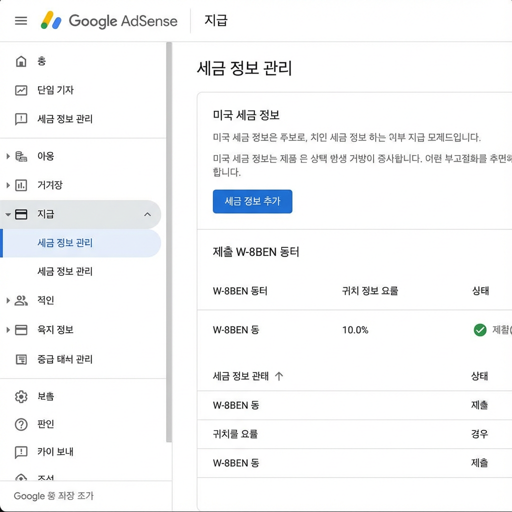 애드센스 지급 메뉴 세금 정보 관리 페이지