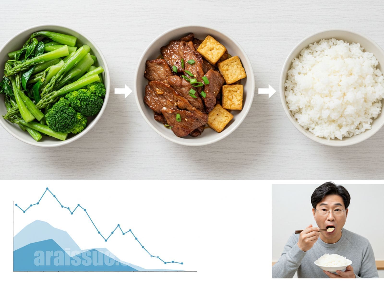 밥보다 채소와 단백질이 앞에 놓인 식사 순서 이미지
