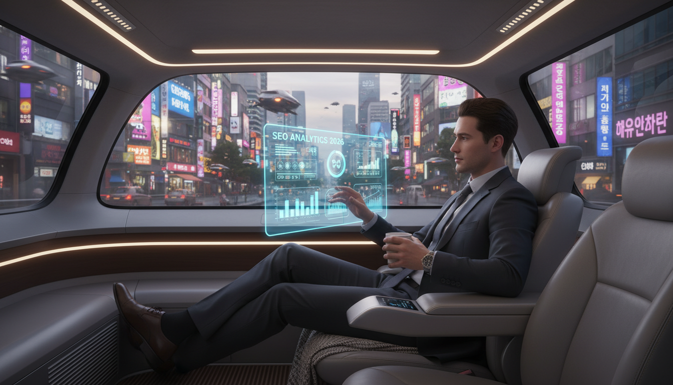 운전대가 없는 테슬라 로보택시 내부에서 커피를 마시며 업무를 보는 2026년 출근길 모습