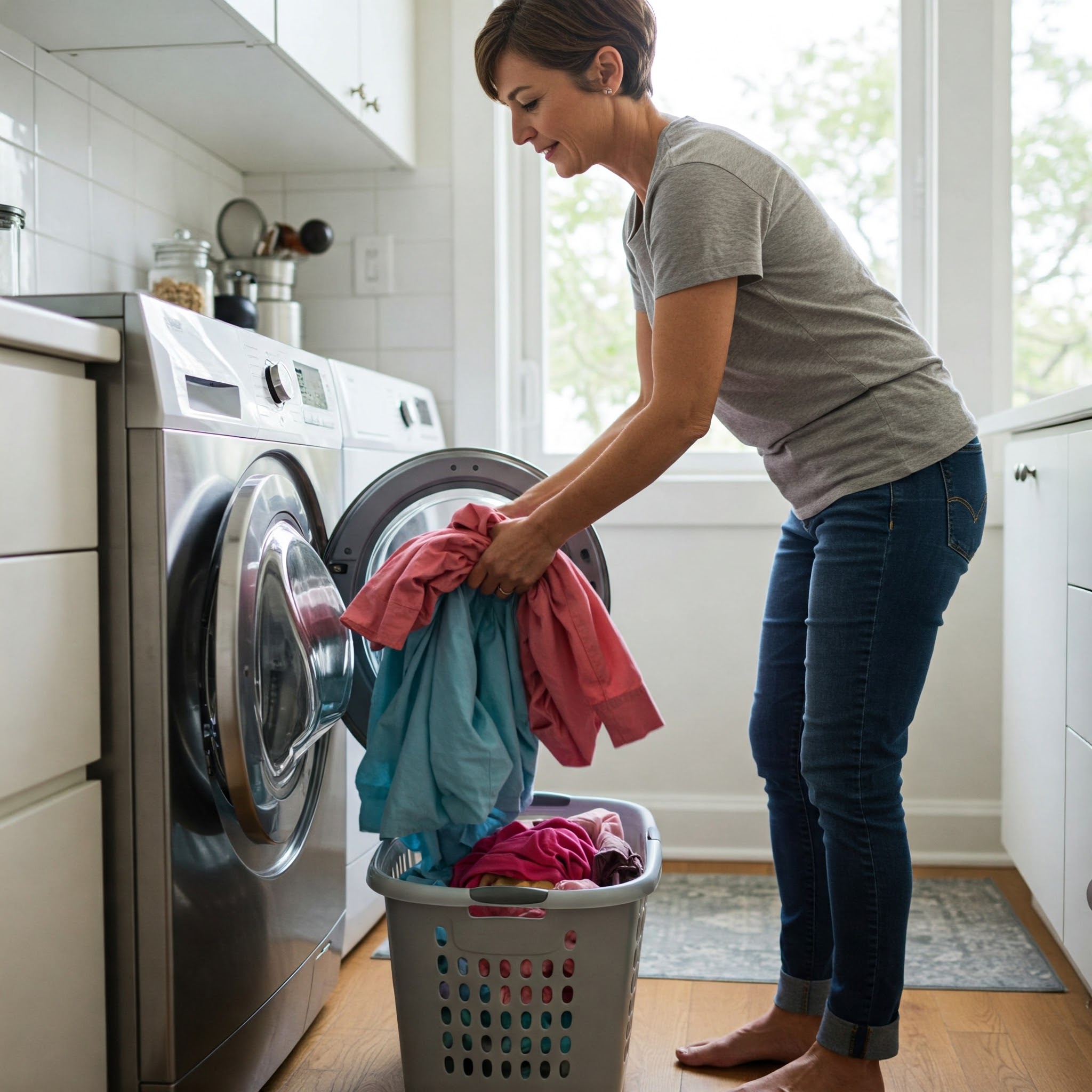 한 여성이 세탁기 앞에서 옷을 들고 있다.