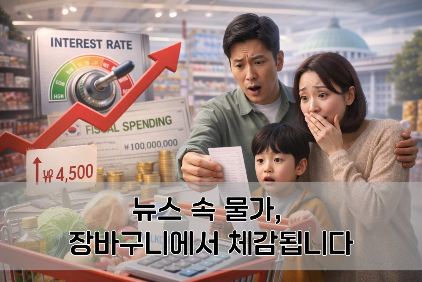 장바구니 물가 상승에 놀라는 가족의 모습, 영수증을 보며 놀라는 부모와 아이 뒤로 금리와 재정 정책을 상징하는 그래프가 배경에 있는 장면