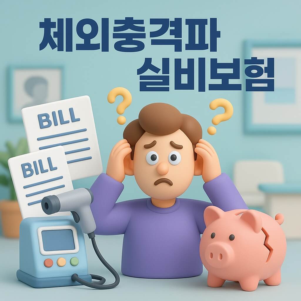 체외충격파 실비보험에 대해 고민하는 캐릭터와 병원비, 돼지저금통, 장비가 있는 정사각형 일러스트