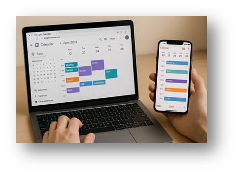 구글캘린더를 스마트폰과 랩탑이 함께 연동해서 사용하는 모습